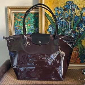 Longchamp le pliage Brown Patent Leather shoulder Tote Bag